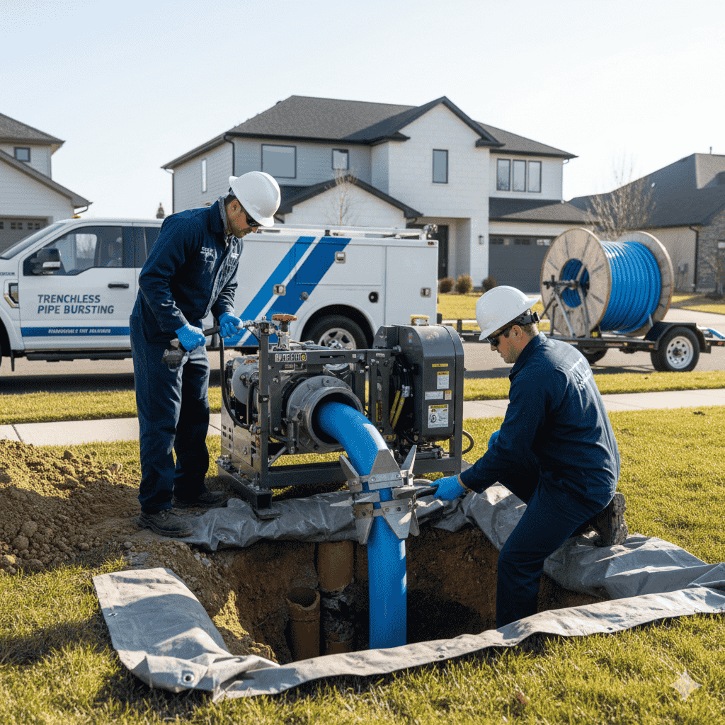 Hydraulic pipe bursting equipment pulling new HDPE pipe through old damaged sewer line in Round Rock